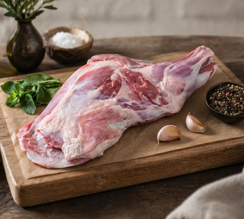 raw lamb shoulder on a wooden rustic board