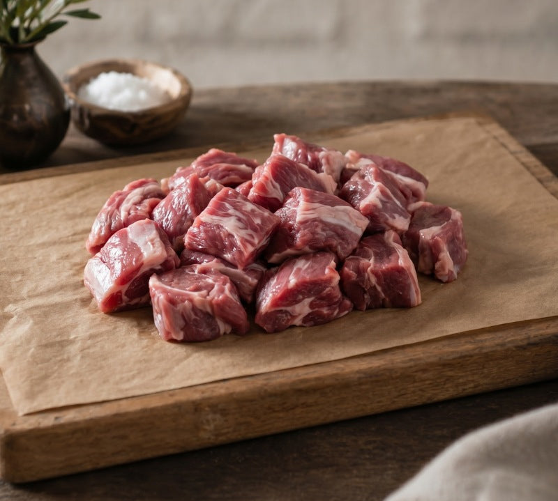 raw diced lamb shoulder on a wooden board