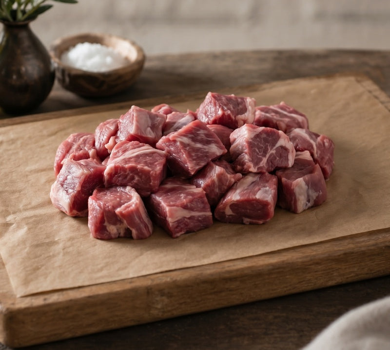 Boneless diced British lamb pieces in pack, high-protein cut ideal for stews, curries and slow-cooked meals.