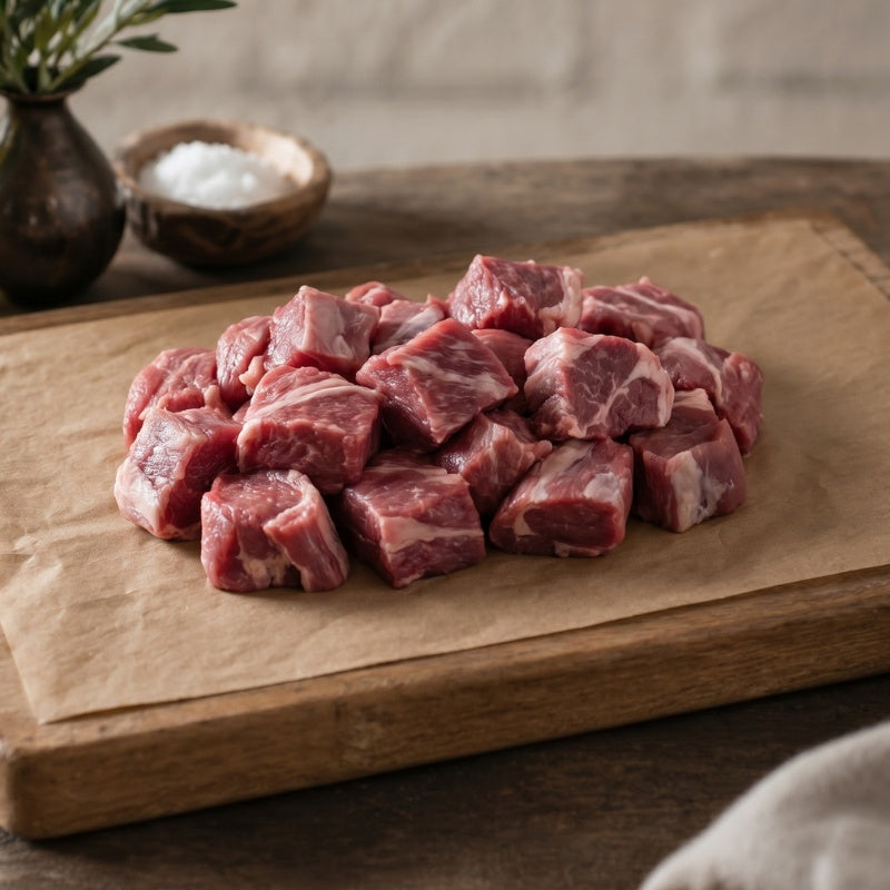 Boneless diced British lamb pieces in pack, high-protein cut ideal for stews, curries and slow-cooked meals.