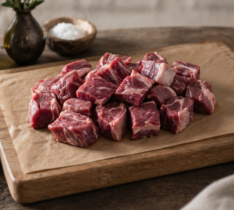 Raw mutton chunks on a wooden cutting board with rosemary, on a rustic wooden surface.
