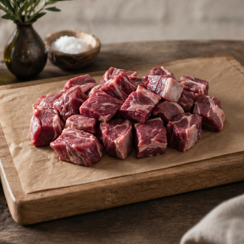 Raw mutton chunks on a wooden cutting board with rosemary, on a rustic wooden surface.