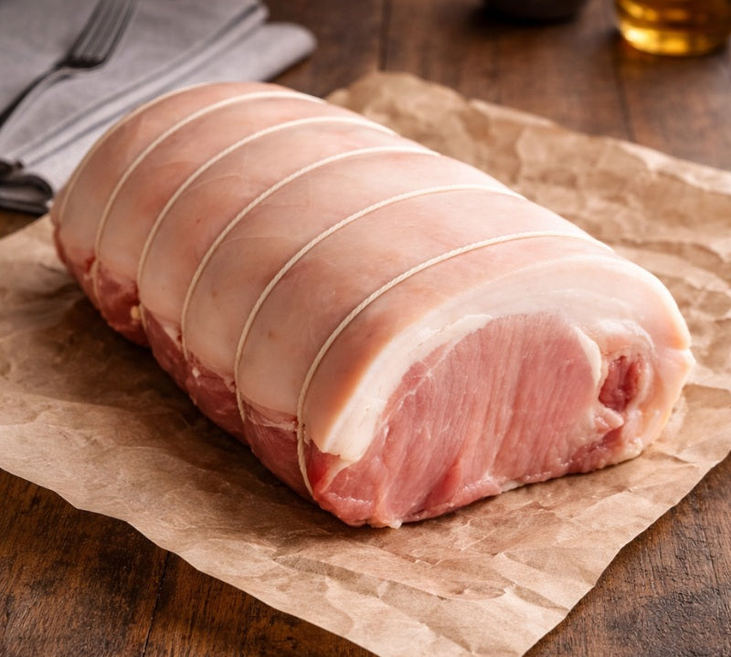 Raw Boneless Rolled Pork Loin Joint – Premium British Pork from The Black Farmer, ideal for roasting with crackling.