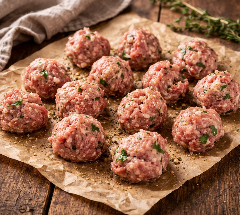 Raw meatballs on a piece of parchment paper with herbs on a wooden surface