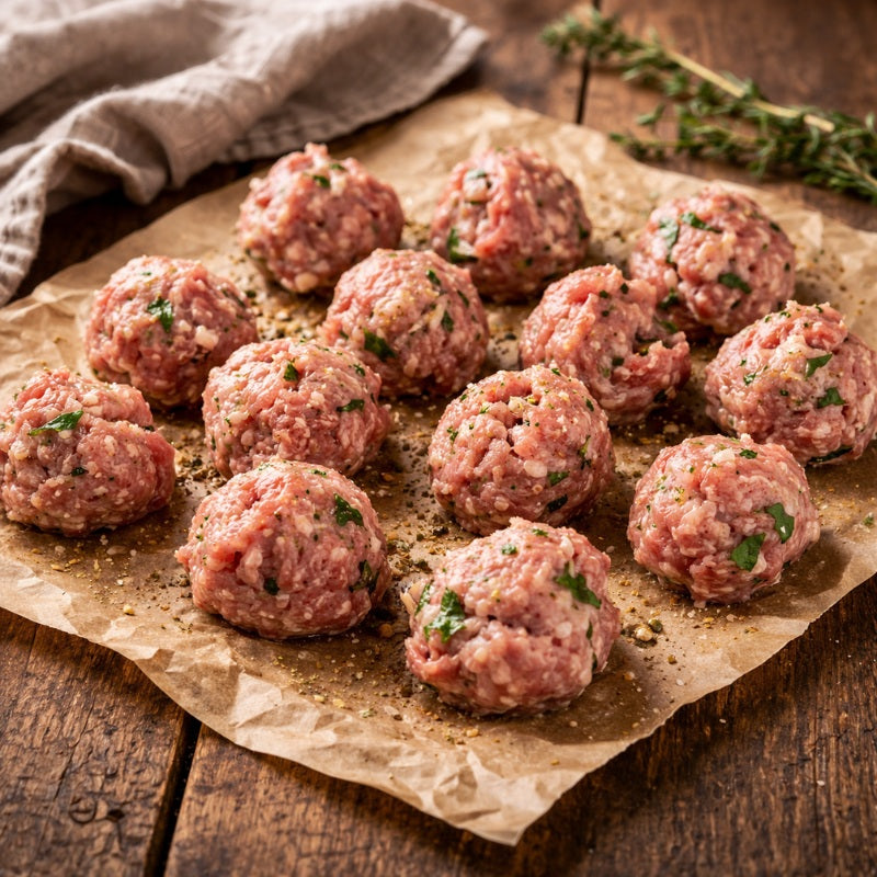 Raw meatballs on a piece of parchment paper with herbs on a wooden surface
