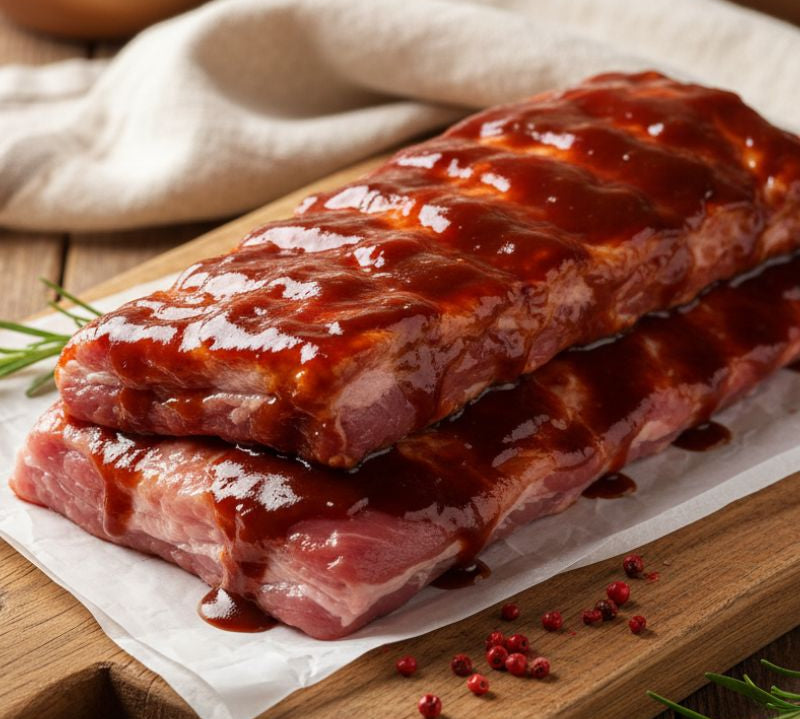 Slab of extra-meaty sticky-BBQ pork ribs on a wooden board with glaze bowl and herbs – The Black Farmer.
