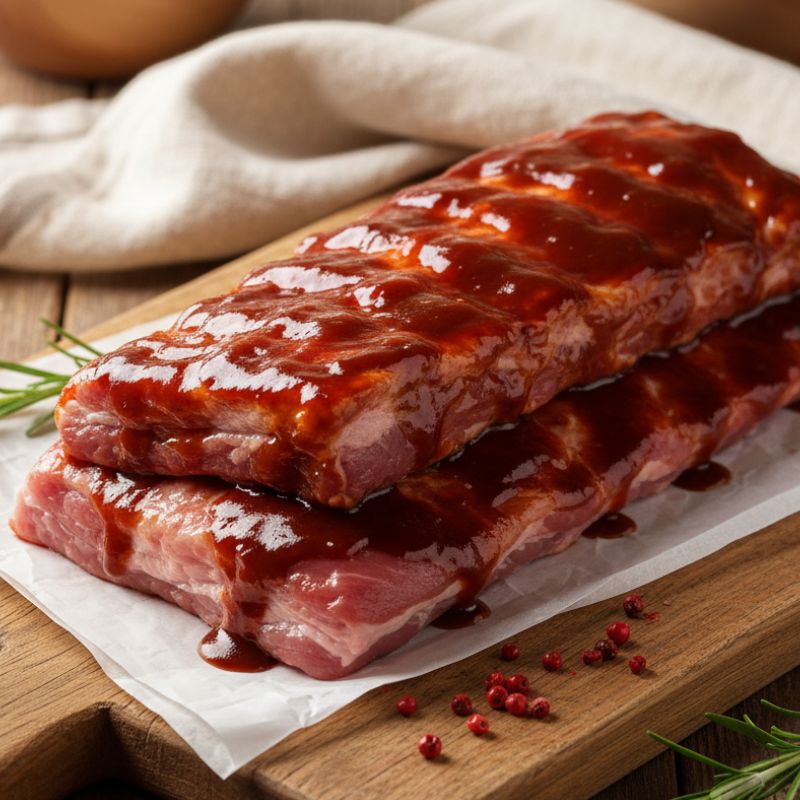 Slab of extra-meaty sticky-BBQ pork ribs on a wooden board with glaze bowl and herbs – The Black Farmer.