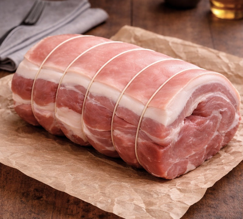 Raw British Boneless Rolled Pork Shoulder from The Black Farmer – premium butcher’s cut, perfect for roasting or pulled pork.