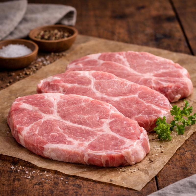 Raw British pork shoulder steak on rustic board — The Black Farmer premium cut.