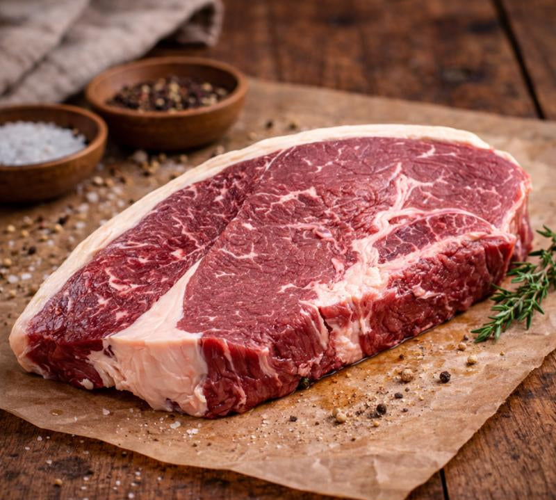 Raw steak on a wooden cutting board with herbs and spices, blurred lights in the background
