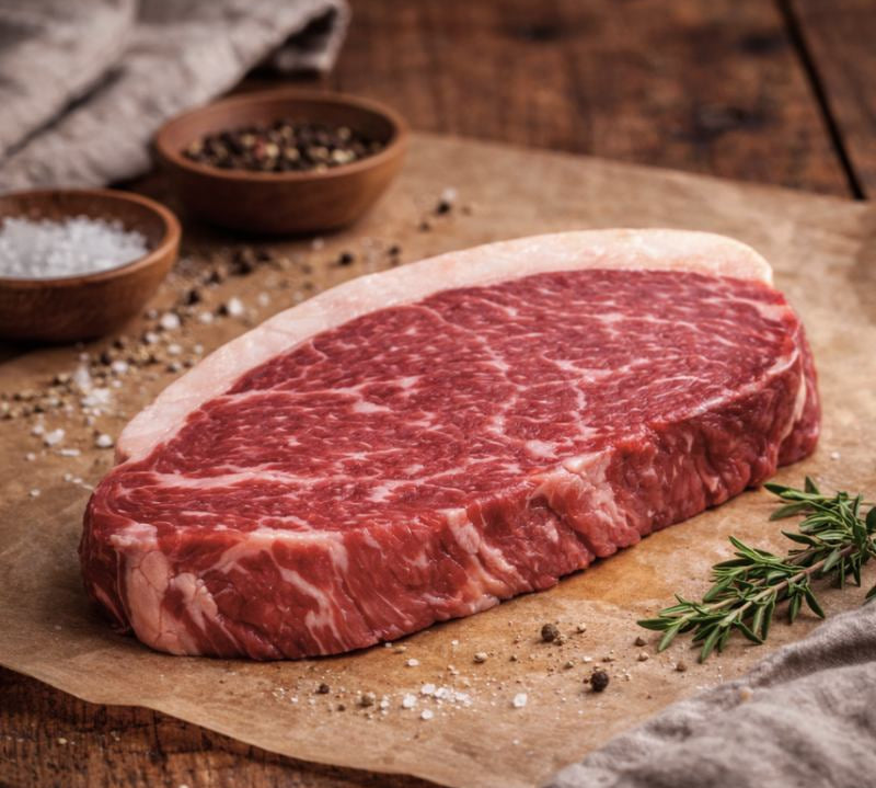 Raw rump steak on a wooden cutting board with spices and herbs