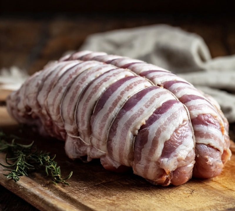Boneless Rolled Turkey Breast Crown filled with gluten-free stuffing and topped with bacon – premium British roast by The Black Farmer.