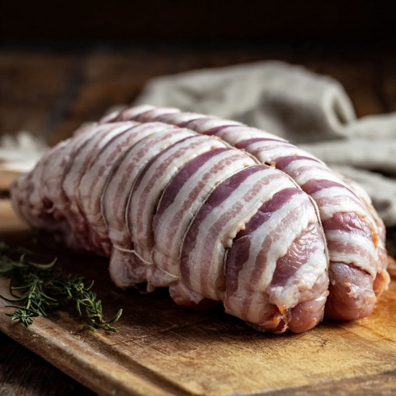 Boneless Rolled Turkey Breast Crown filled with gluten-free stuffing and topped with bacon – premium British roast by The Black Farmer.