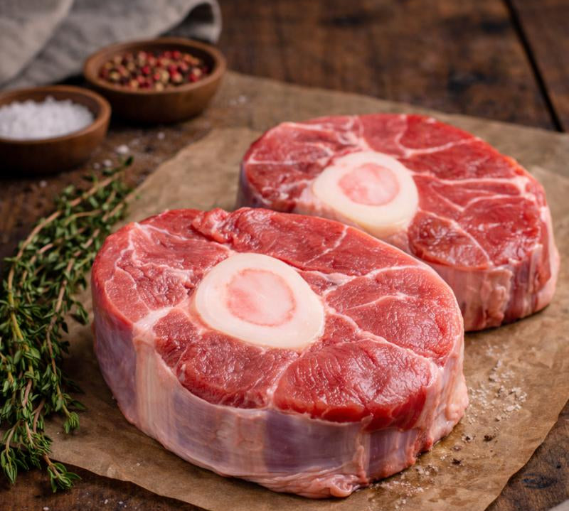 Raw British Veal Osso Buco cuts – premium veal shank for braising, from The Black Farmer.
