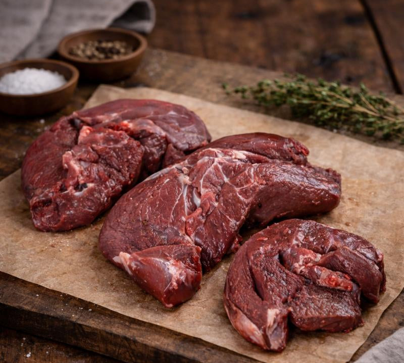 British wild venison haunch steak, premium lean cut from The Black Farmer, ideal for pan-frying or roasting.