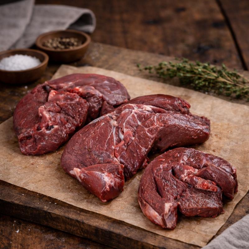British wild venison haunch steak, premium lean cut from The Black Farmer, ideal for pan-frying or roasting.