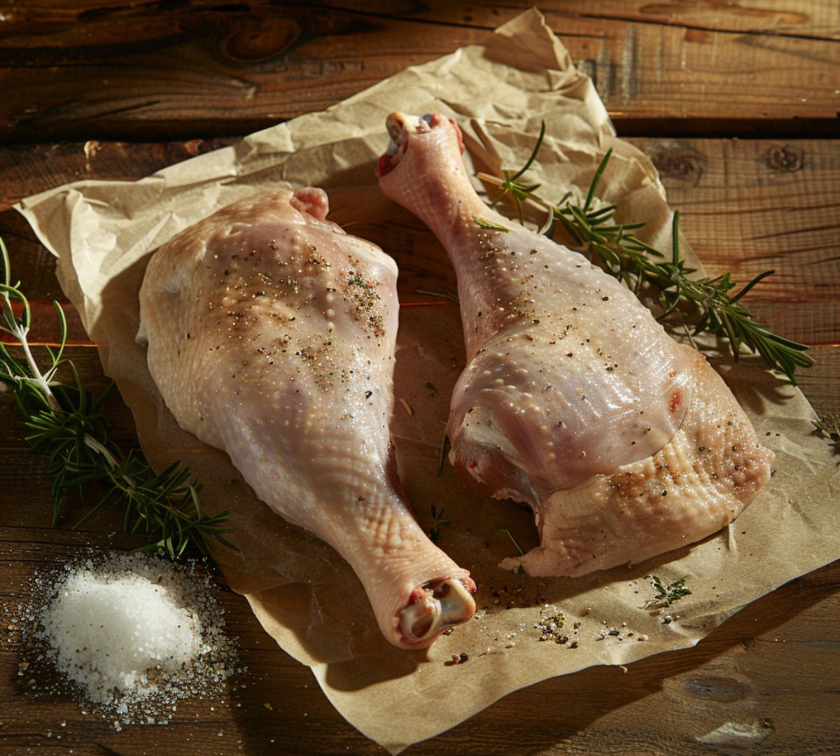 Raw British guinea fowl leg on tray, premium game meat cut, ideal for roasting or braising.