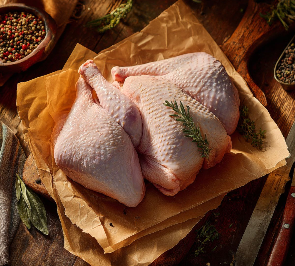 Fresh whole jointed guinea fowl with 2 breasts and 2 legs, premium British game meat ready for cooking.