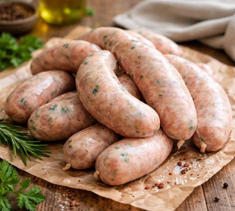 Raw sausages on a wooden cutting board with garlic and peppercorns.