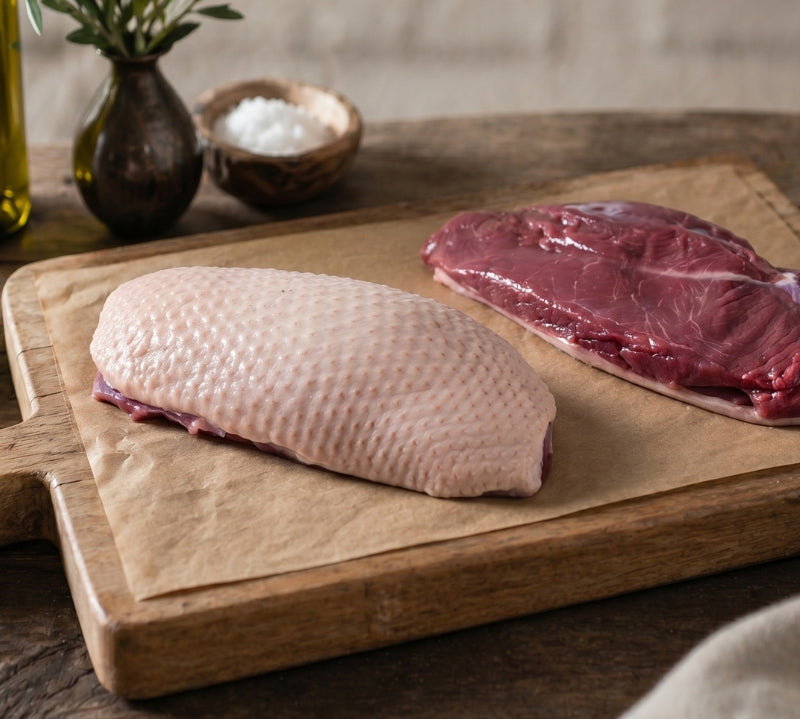 Uncooked British goose breast on a rustic wooden board, seasoned with salt, pepper, and rosemary — premium poultry from The Black Farmer.