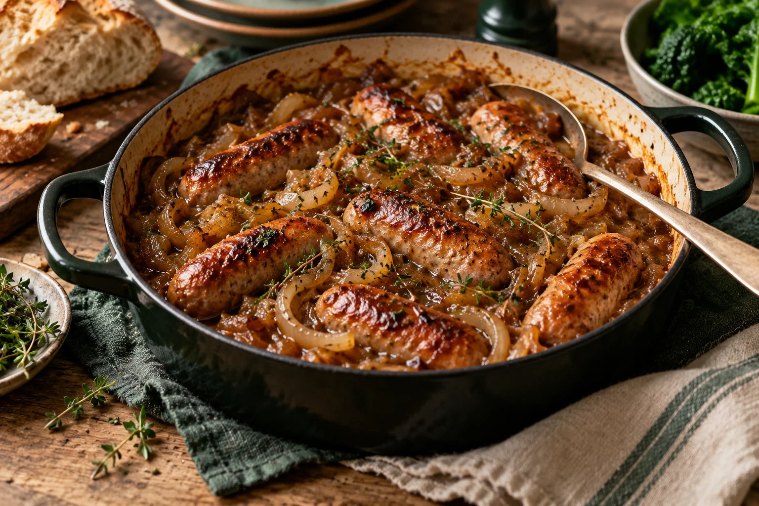 Sausages and caramelised onions in a casserole pan