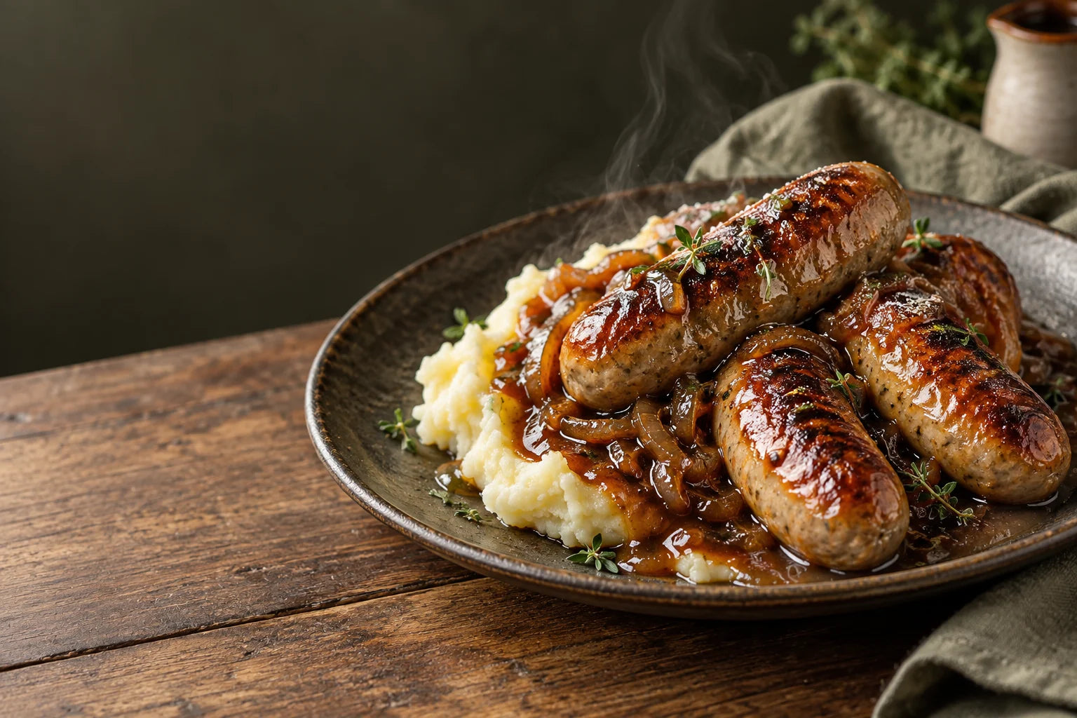 Cooked sausages with mashed potato and onion gravy