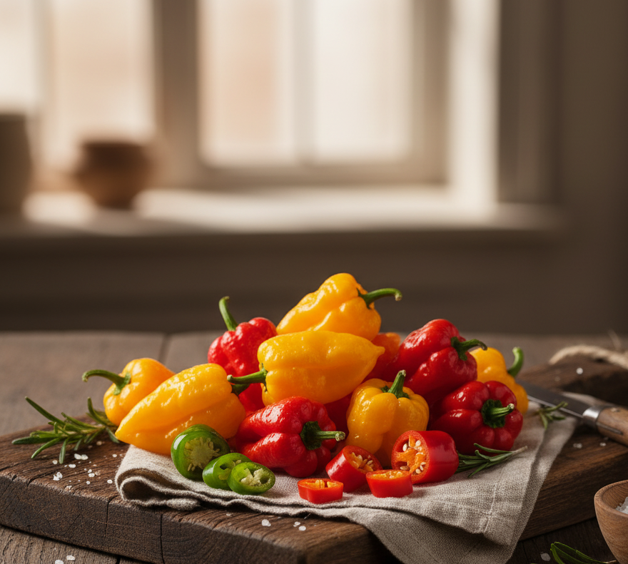 Colourful scotch bonnet on a wooden cutting board with a rustic background