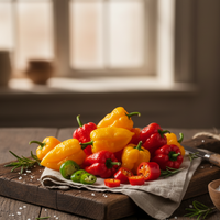 Colourful scotch bonnet on a wooden cutting board with a rustic background