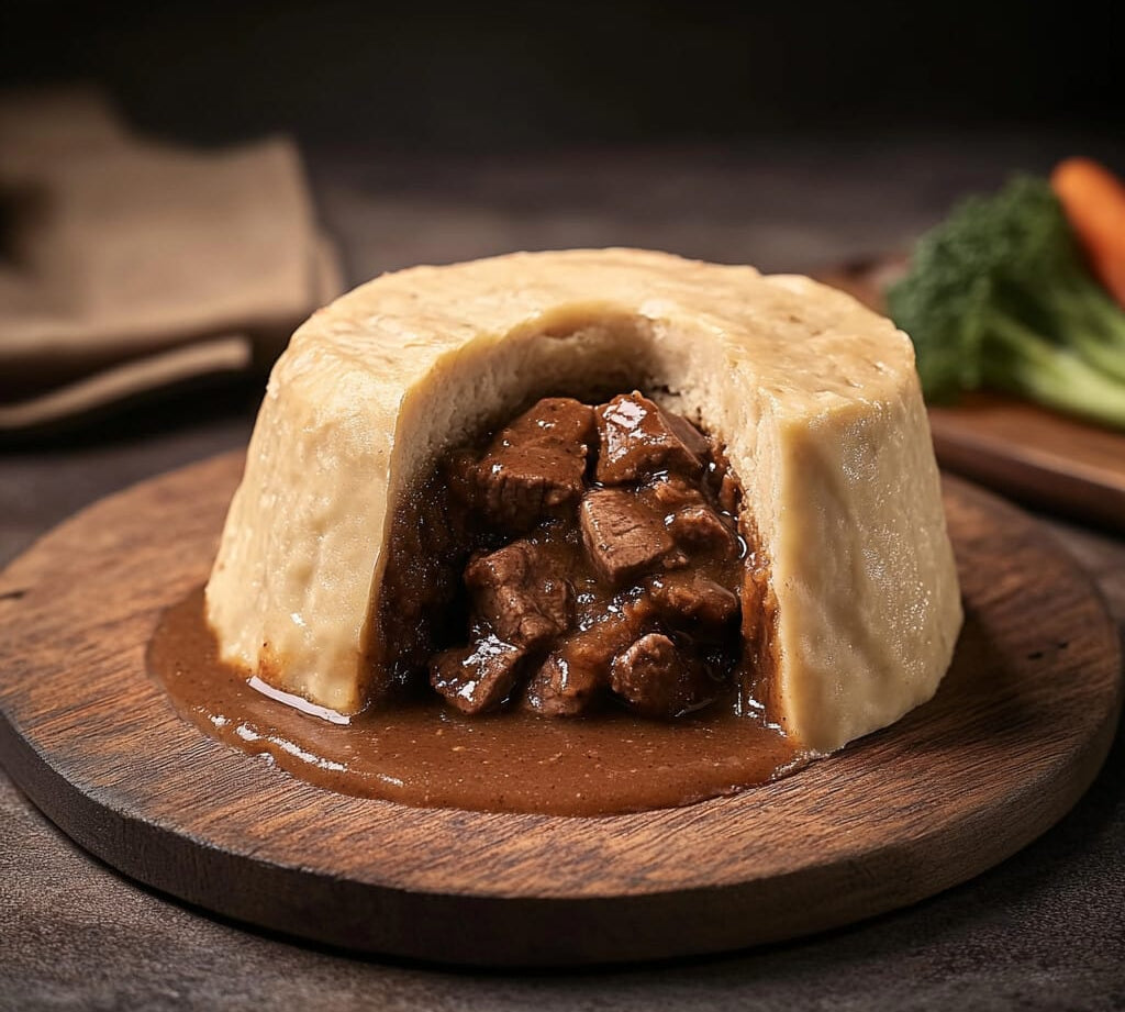 Steak & Ale Suet Pudding with British beef in ale gravy wrapped in soft suet pastry, traditional comfort food.