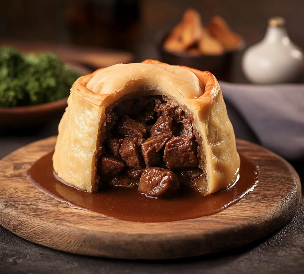 Steak & Kidney suet pudding with rich beef and kidney filling in traditional suet pastry.