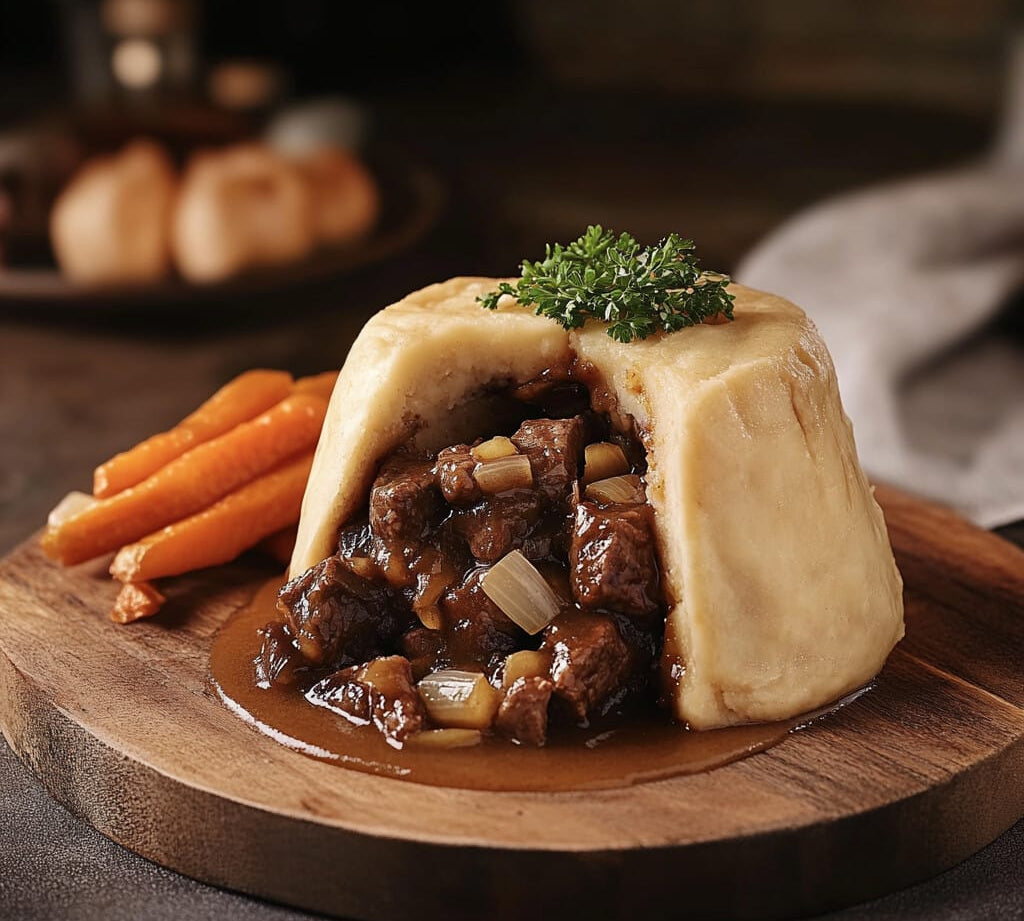 Steak, Onion & Horseradish Suet Pudding in suet pastry, rich beef filling, traditional British comfort meal.