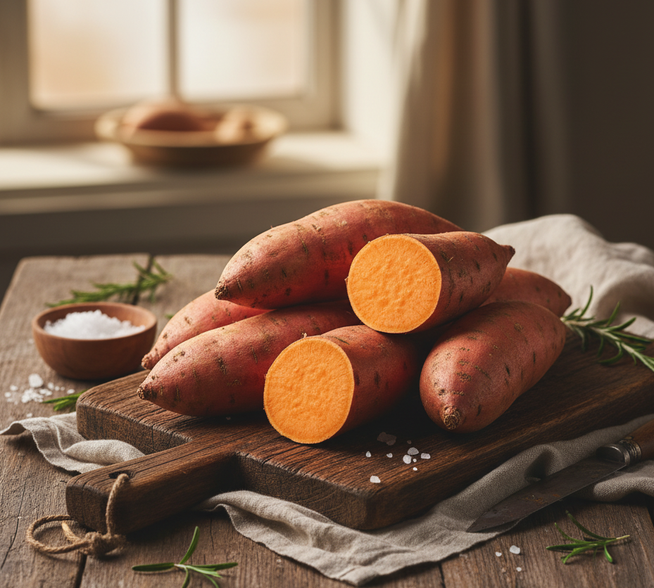 Sweet potatoes on a wooden cutting board with a rustic background