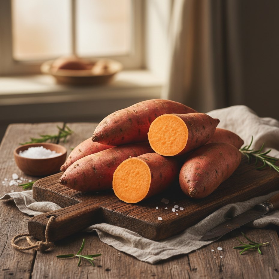 Sweet potatoes on a wooden cutting board with a rustic background