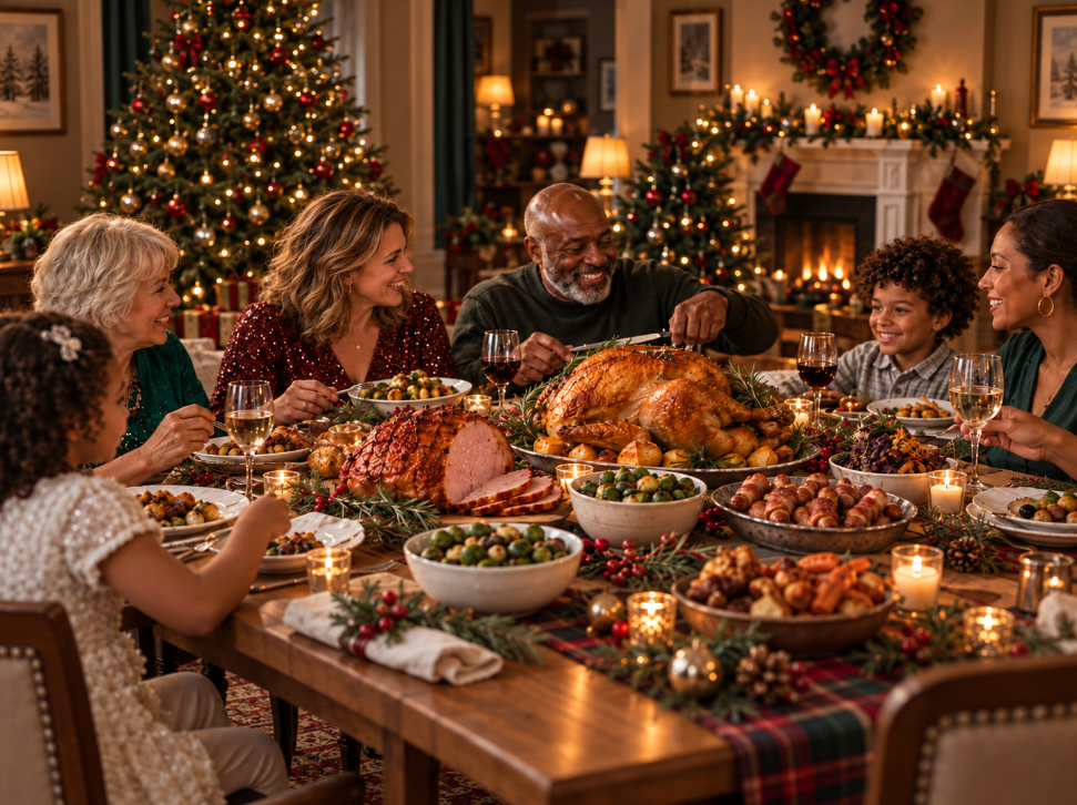 A family sharing a Christmas feast
