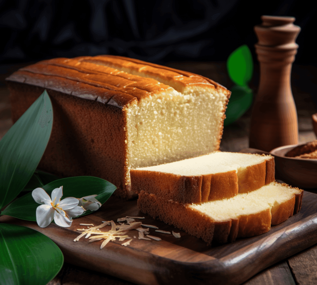 Loaf of bread with slices on a wooden board, surrounded by green leaves and flowers.