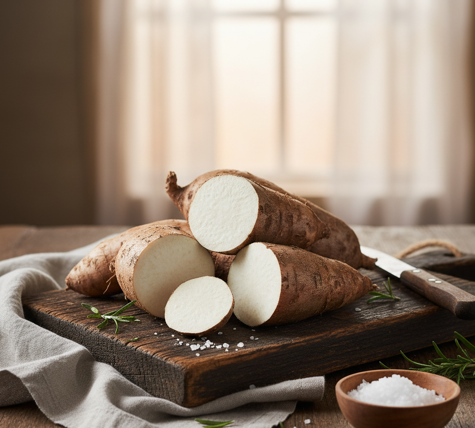 Raw sweet potatoes on a wooden cutting board with a knife and salt bowl on a rustic wooden table.