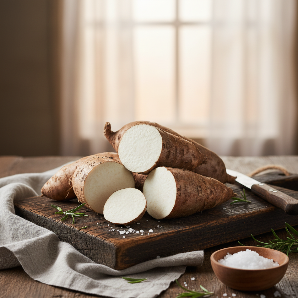 Raw sweet potatoes on a wooden cutting board with a knife and salt bowl on a rustic wooden table.