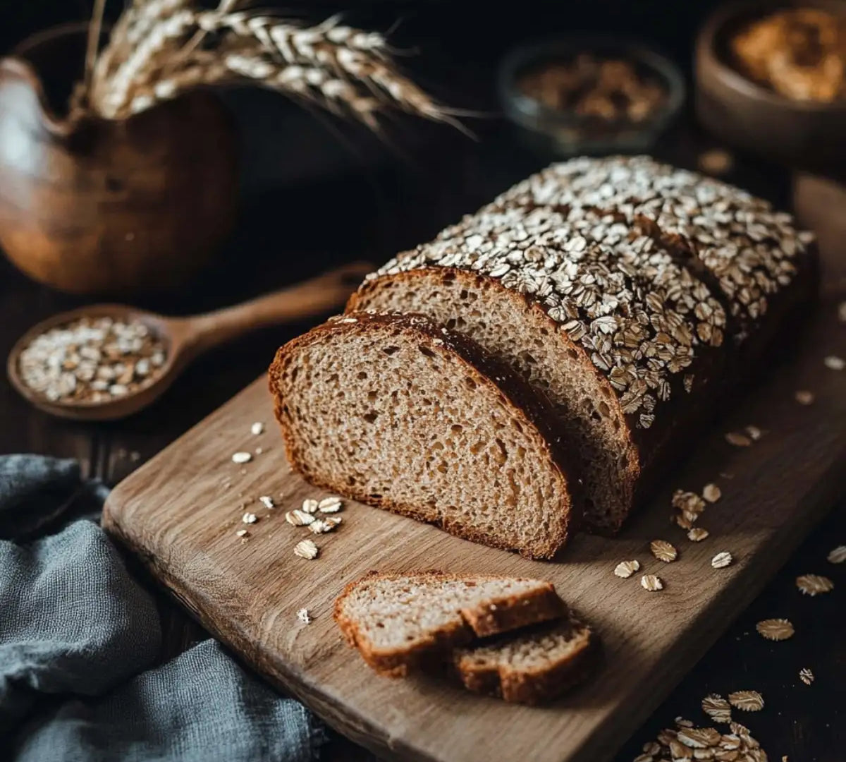 Freshly baked wholemeal bread loaf topped with oats, sliced on a wooden cutting board, surrounded by rustic decor including wheat stalks and a wooden spoon of grains. Perfect for healthy meals and sandwiches.
