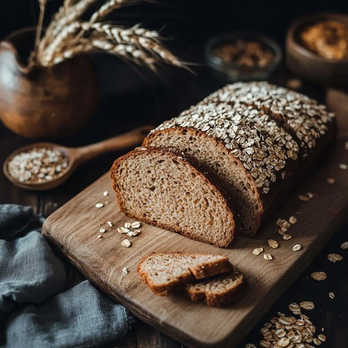 Freshly baked wholemeal bread loaf topped with oats, sliced on a wooden cutting board, surrounded by rustic decor including wheat stalks and a wooden spoon of grains. Perfect for healthy meals and sandwiches.